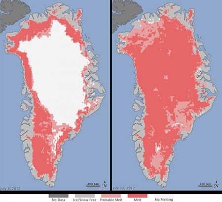 Topljenje leda na Grenlandu od 8. do 12. jula 2012 (Foto: NASA)